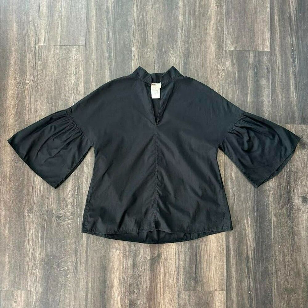 Fuzzi Black Flutter Poplin Blouse Sz 42 3/4 Fluted Sleeves VNeck Fold Collar Top